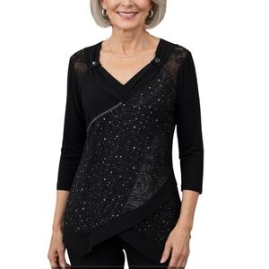 Frank Lyman Design Plus Sz 14 Asymmetrical Tunic Sequin, Lace, Pearl Detailing